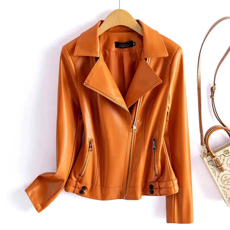Jaqueta de couro legítimo feminina estilo streetwear, segunda camada em pele de carneiro, casaco curto, outono inverno, verde, motoqueira, agasalho casual