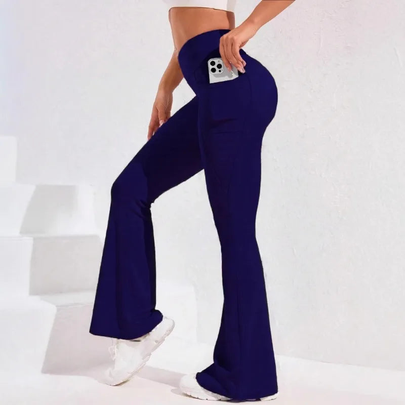 Calça Legging Yoga Feminina Cintura Alta Flare com Bolso Empina Bumbum Calça de Corrida Perna Larga Calça para Academia Esportes ao Ar Livre Ciclismo