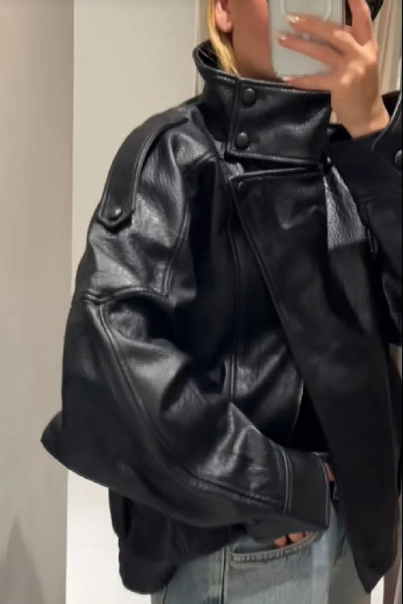 Spring Summer 2026 New Fashion Lapel Leather Jacket Women's Loose Outerwear Black Motorcycle Style Top