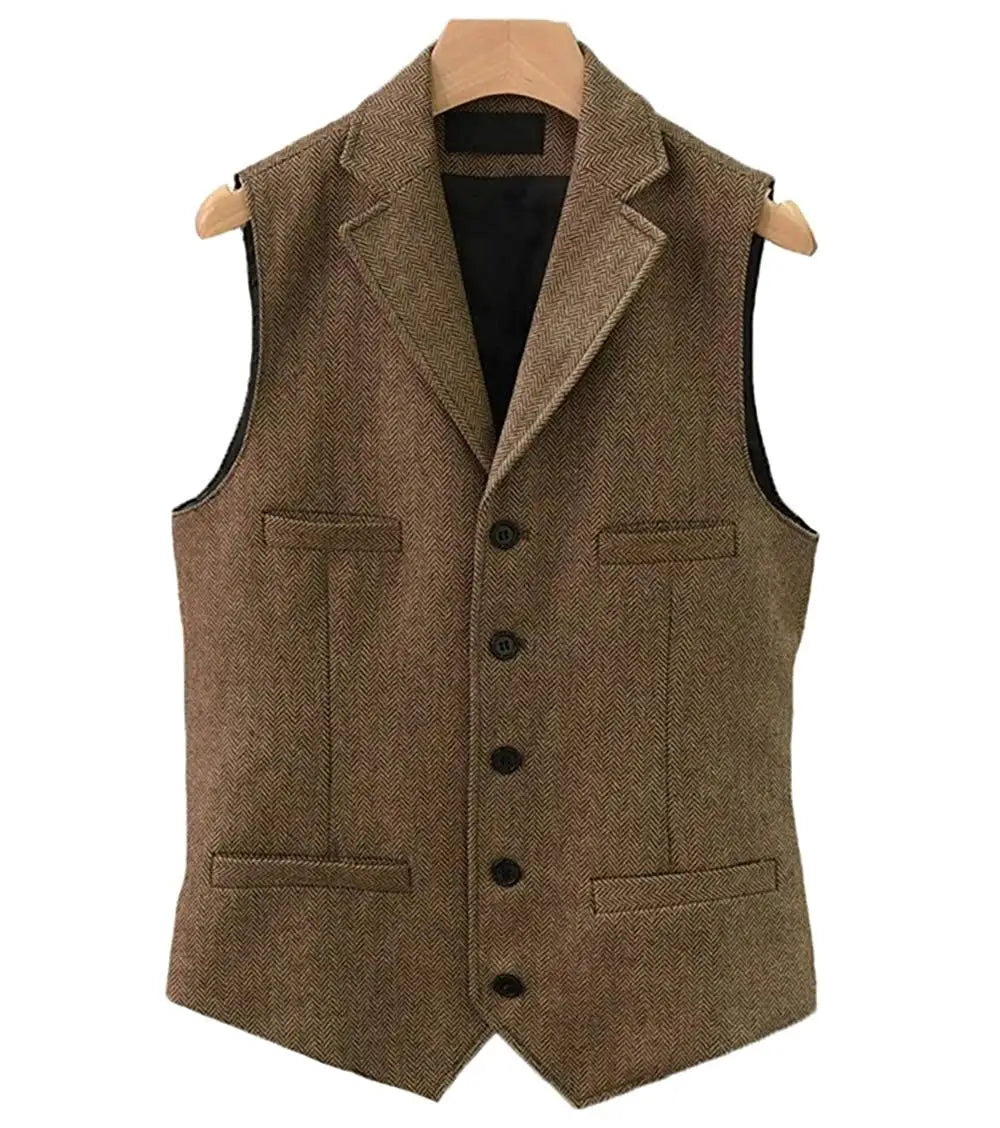 Colete masculino clássico marrom de lã tweed 2026 com lapela entalhada, espinha de peixe, para padrinhos, casaco de inverno para casamento