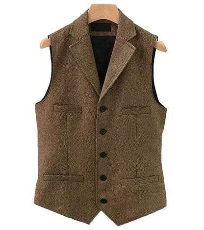Colete masculino clássico marrom de lã tweed 2026 com lapela entalhada, espinha de peixe, para padrinhos, casaco de inverno para casamento