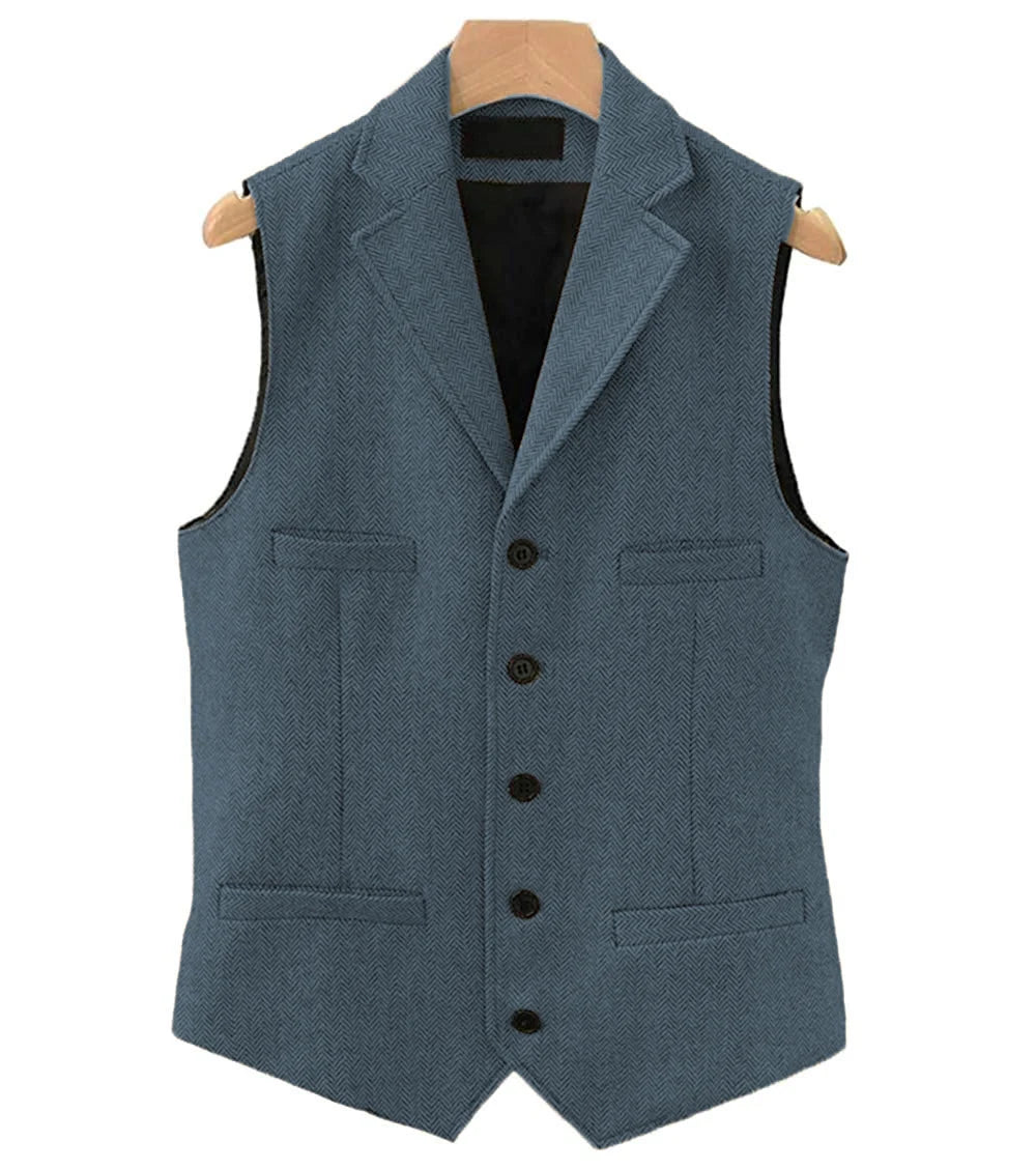 Colete masculino clássico marrom de lã tweed 2026 com lapela entalhada, espinha de peixe, para padrinhos, casaco de inverno para casamento