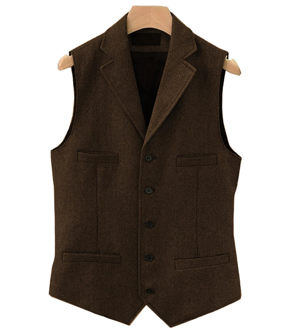 Colete masculino clássico marrom de lã tweed 2026 com lapela entalhada, espinha de peixe, para padrinhos, casaco de inverno para casamento