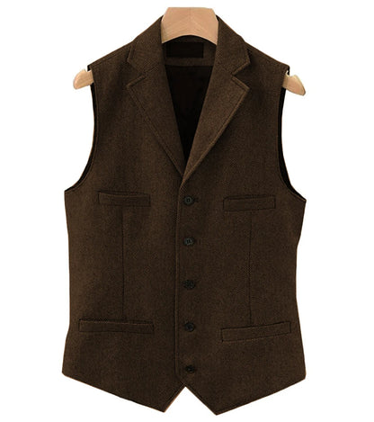 Colete masculino clássico marrom de lã tweed 2026 com lapela entalhada, espinha de peixe, para padrinhos, casaco de inverno para casamento
