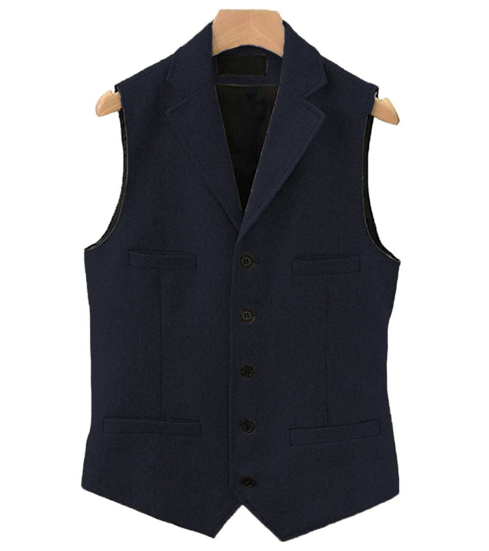 Colete masculino clássico marrom de lã tweed 2026 com lapela entalhada, espinha de peixe, para padrinhos, casaco de inverno para casamento