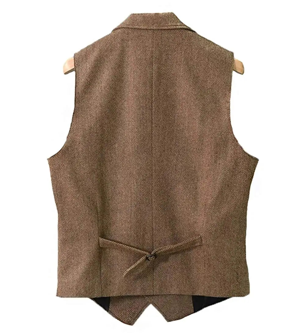 Colete masculino clássico marrom de lã tweed 2026 com lapela entalhada, espinha de peixe, para padrinhos, casaco de inverno para casamento