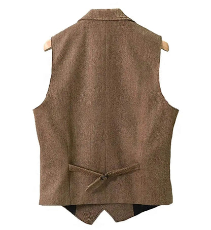 Colete masculino clássico marrom de lã tweed 2026 com lapela entalhada, espinha de peixe, para padrinhos, casaco de inverno para casamento