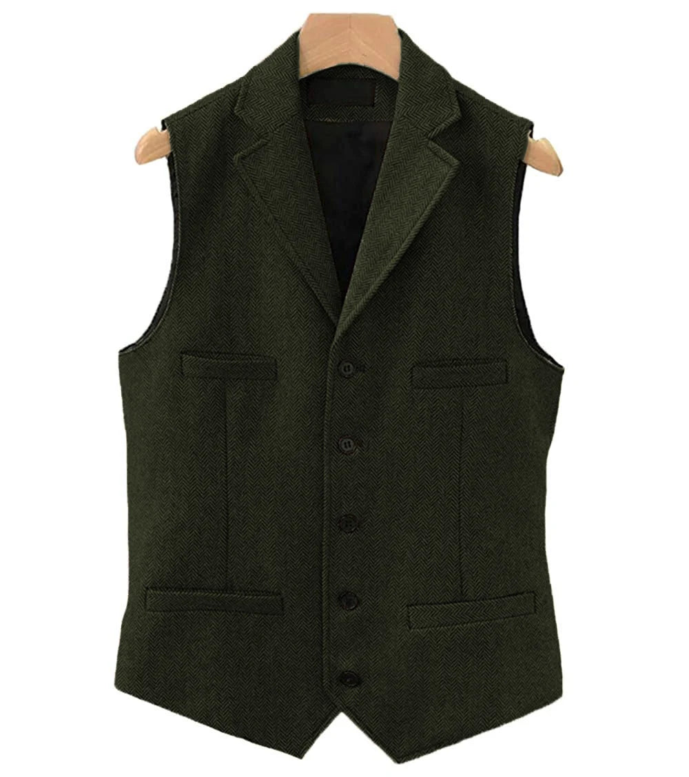 Colete masculino clássico marrom de lã tweed 2026 com lapela entalhada, espinha de peixe, para padrinhos, casaco de inverno para casamento