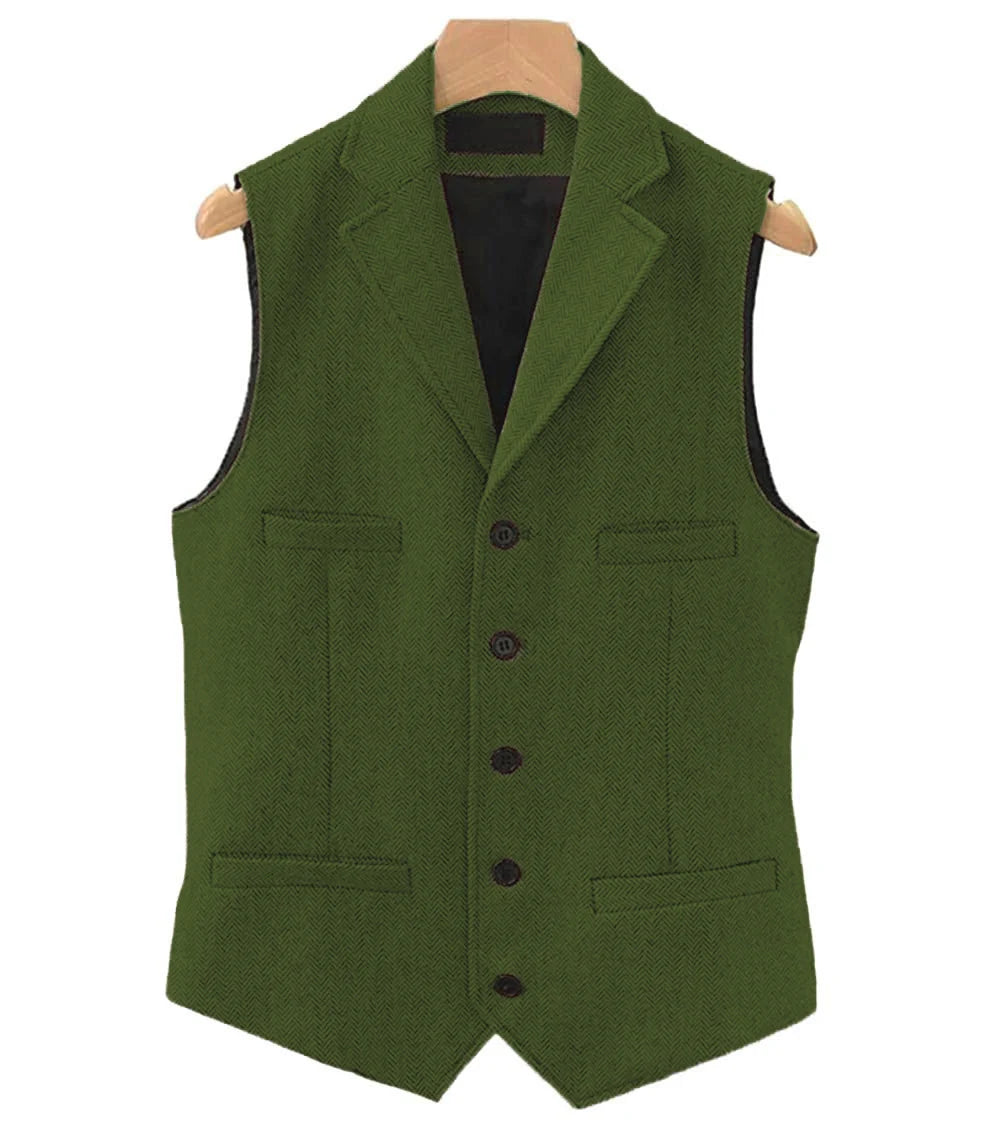 Colete masculino clássico marrom de lã tweed 2026 com lapela entalhada, espinha de peixe, para padrinhos, casaco de inverno para casamento