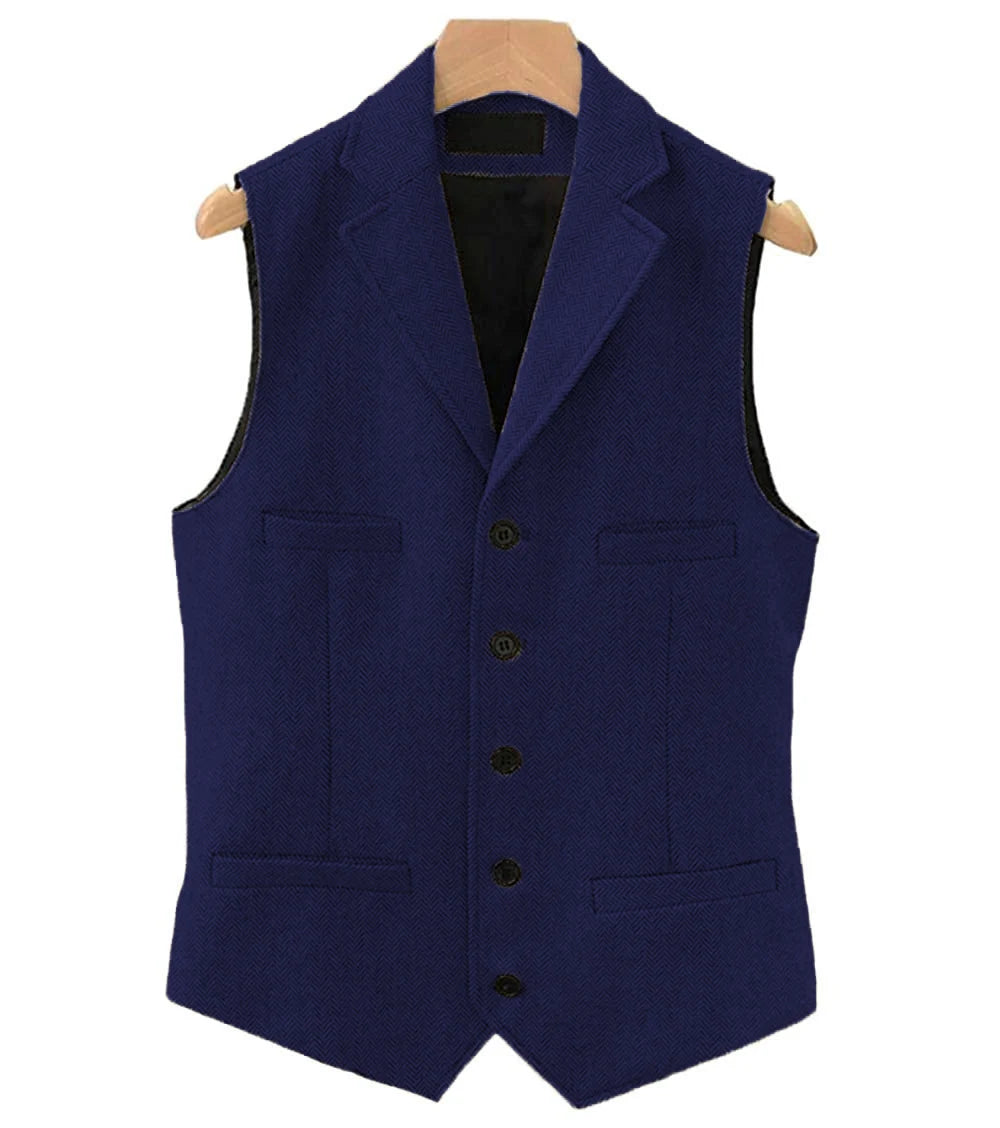 Colete masculino clássico marrom de lã tweed 2026 com lapela entalhada, espinha de peixe, para padrinhos, casaco de inverno para casamento