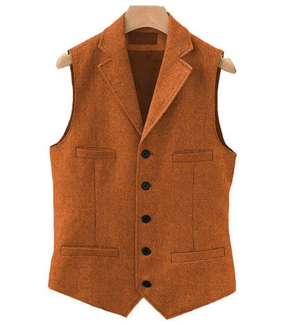 Colete masculino clássico marrom de lã tweed 2026 com lapela entalhada, espinha de peixe, para padrinhos, casaco de inverno para casamento