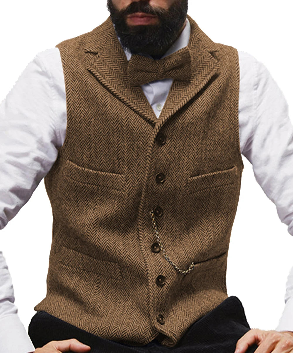 Colete masculino clássico marrom de lã tweed 2026 com lapela entalhada, espinha de peixe, para padrinhos, casaco de inverno para casamento