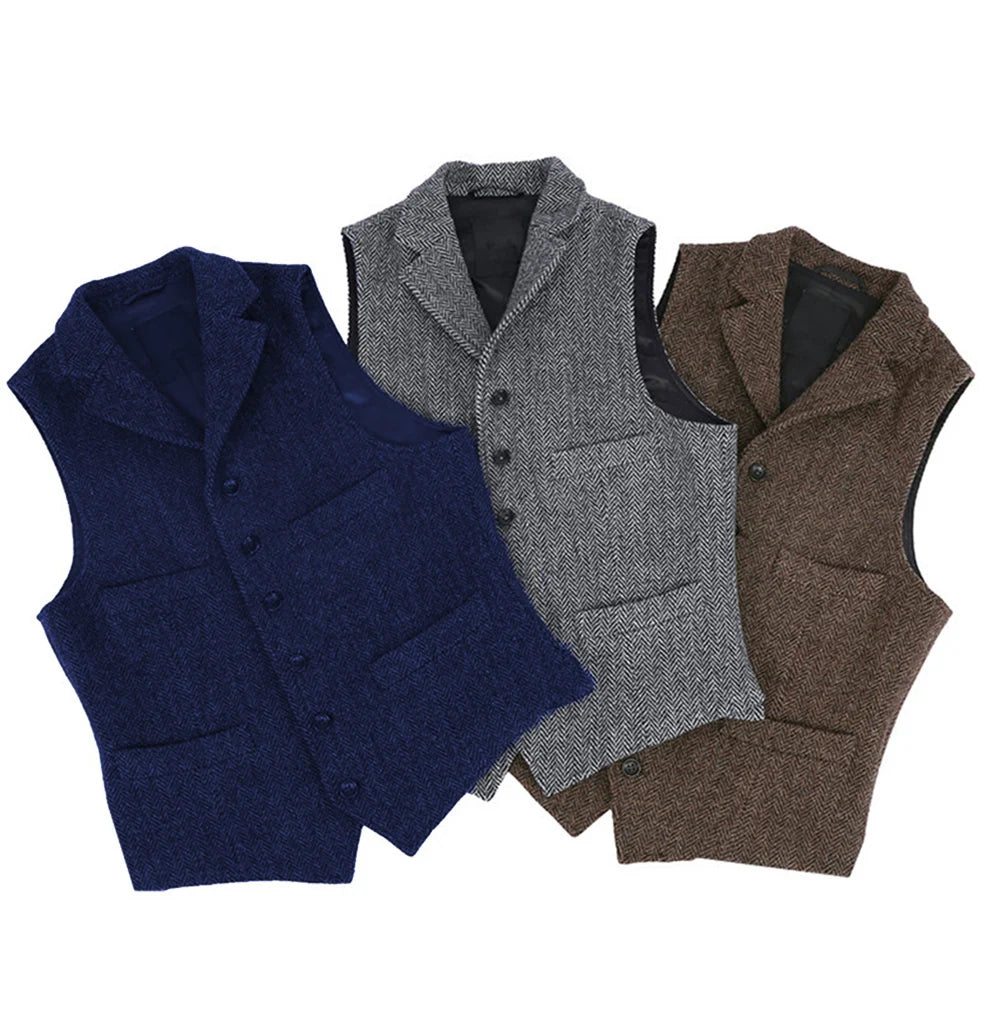 Colete masculino clássico marrom de lã tweed 2026 com lapela entalhada, espinha de peixe, para padrinhos, casaco de inverno para casamento