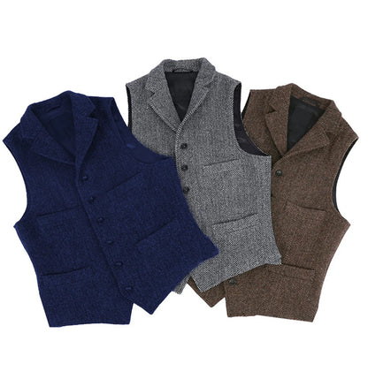 Colete masculino clássico marrom de lã tweed 2026 com lapela entalhada, espinha de peixe, para padrinhos, casaco de inverno para casamento