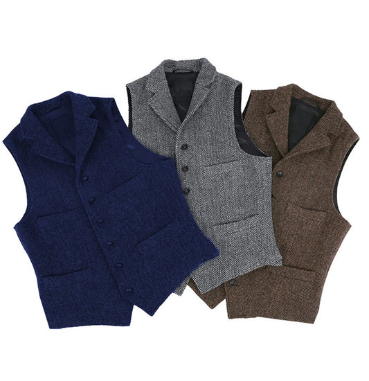 2026 Mens Vest Classic Brown Suit  Wool Tweed Notch Lapel Waistcoat Herringbone Groomsmen Winter Coat For Wedding