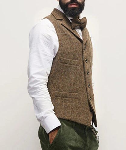 Colete masculino clássico marrom de lã tweed 2026 com lapela entalhada, espinha de peixe, para padrinhos, casaco de inverno para casamento