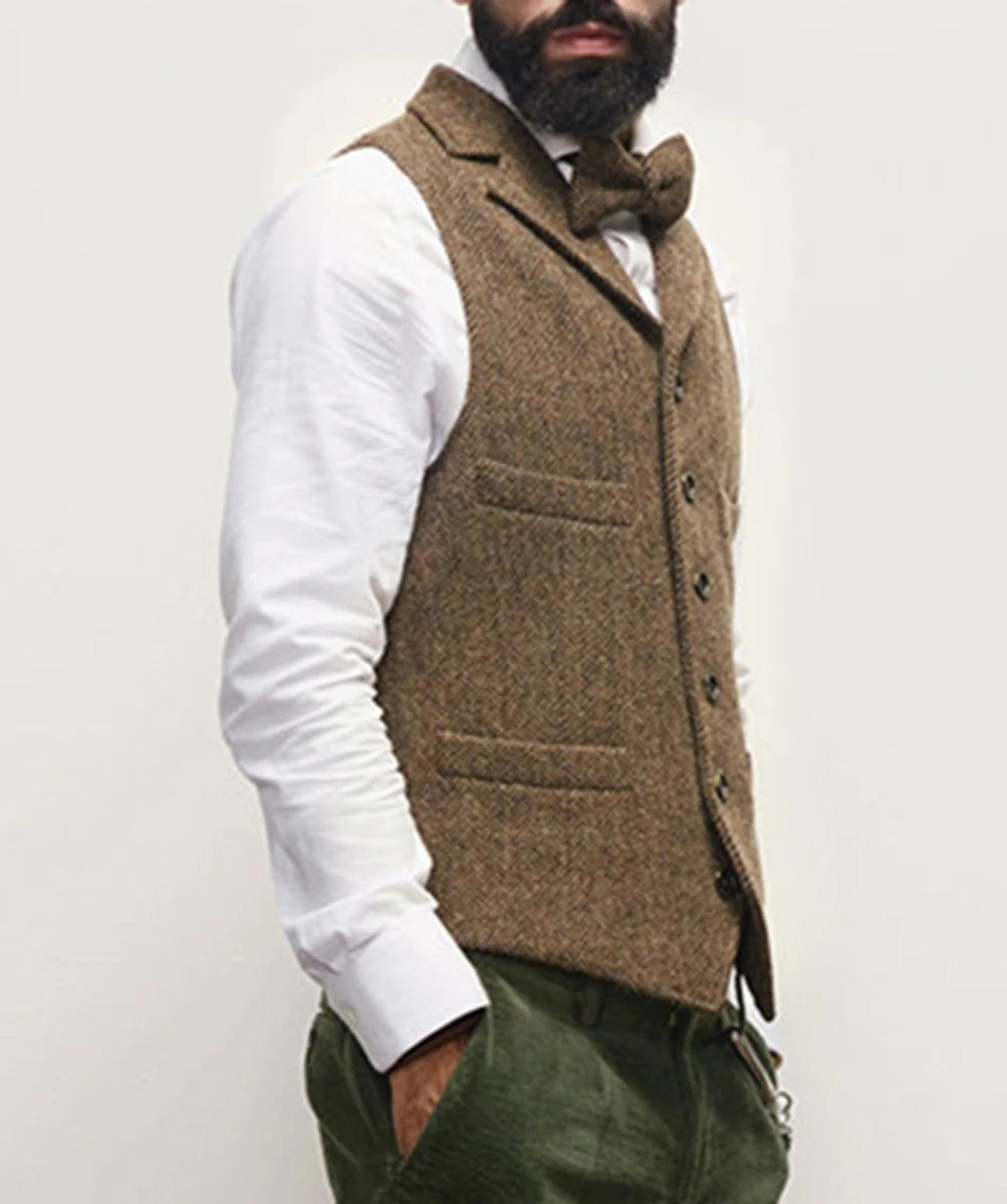 Colete masculino clássico marrom de lã tweed 2026 com lapela entalhada, espinha de peixe, para padrinhos, casaco de inverno para casamento