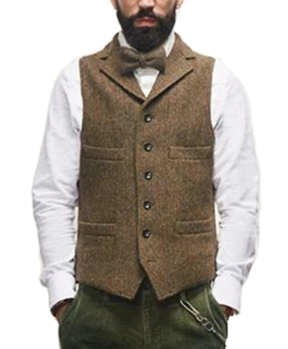Colete masculino clássico marrom de lã tweed 2026 com lapela entalhada, espinha de peixe, para padrinhos, casaco de inverno para casamento