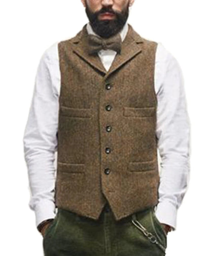 Colete masculino clássico marrom de lã tweed 2026 com lapela entalhada, espinha de peixe, para padrinhos, casaco de inverno para casamento