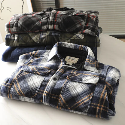 Autumn Winter Men's Fleece Linend Warm Shirt Jackets Thickened Long Sleeve Flannel Checked Shirts Vintage Casual Men Shirt Coats