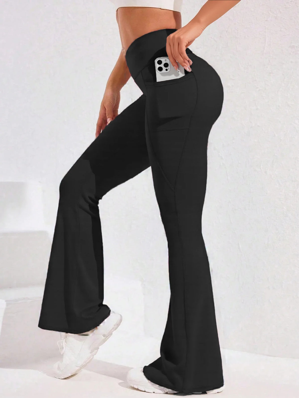 Calça Legging Yoga Feminina Cintura Alta Flare com Bolso Empina Bumbum Calça de Corrida Perna Larga Calça para Academia Esportes ao Ar Livre Ciclismo