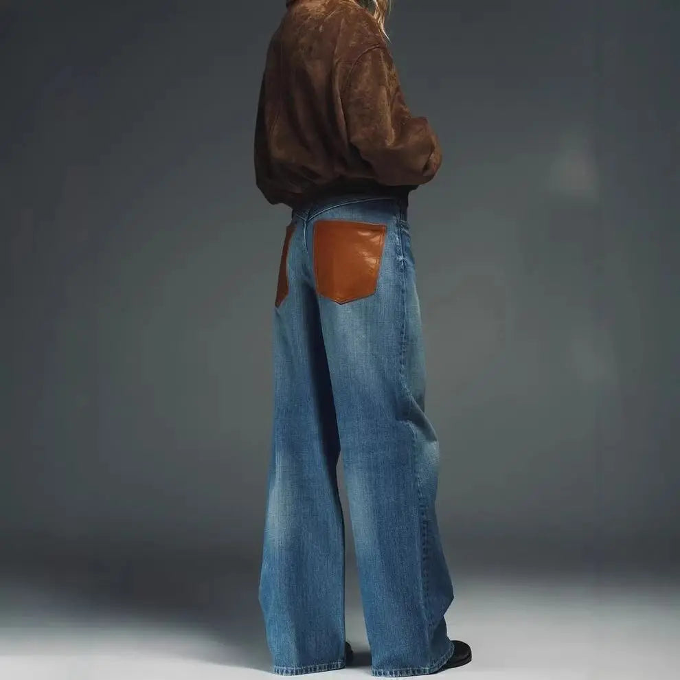 Deeptown Baggy Women Blue Jeans Vintage Casual PU Leather Brown Patchwork Straight Denim Trousers Classic Basic Chic Female Jean
