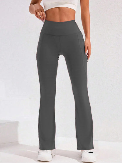 Calça Legging Yoga Feminina Cintura Alta Flare com Bolso Empina Bumbum Calça de Corrida Perna Larga Calça para Academia Esportes ao Ar Livre Ciclismo
