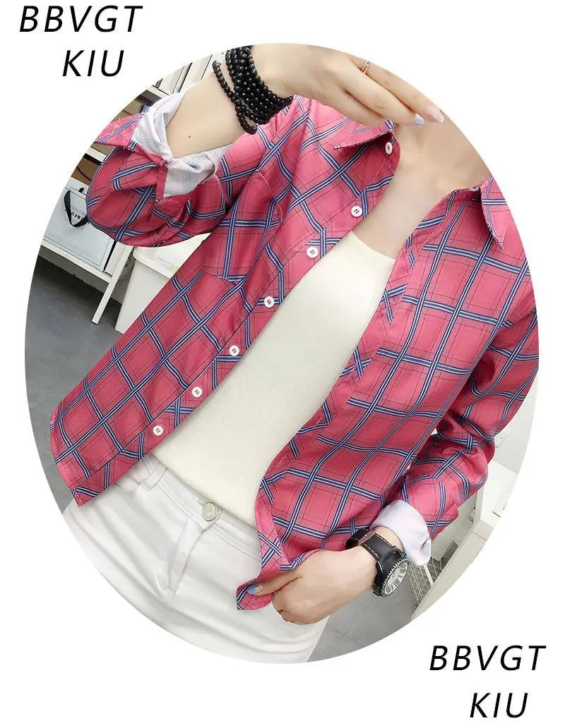 2024Spring and Autumn New College Style Women's Long sleeved Bottom Top Cardigan Long sleeved Fashion Plaid Shirt