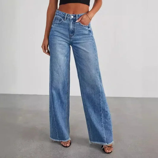 Calça Jeans Feminina Primavera Verão, Cor Sólida, Modelagem Larga, Costura Lateral e Barra Desfiada