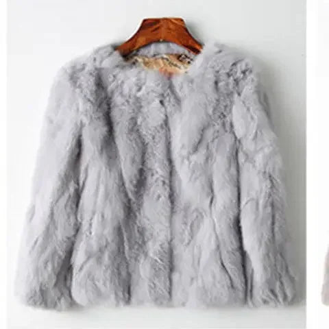 2024 New Women's Real Fur Coat High-waist Round Collar Cardigan Long-sleeved Slim Fit  Rabbit   Jacket Women T197
