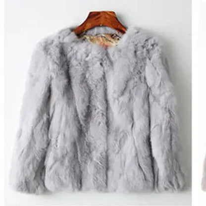 2024 New Women's Real Fur Coat High-waist Round Collar Cardigan Long-sleeved Slim Fit  Rabbit   Jacket Women T197