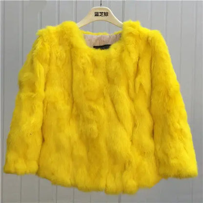 2024 New Women's Real Fur Coat High-waist Round Collar Cardigan Long-sleeved Slim Fit  Rabbit   Jacket Women T197
