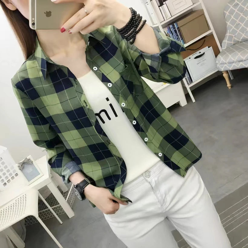 2024Spring and Autumn New College Style Women's Long sleeved Bottom Top Cardigan Long sleeved Fashion Plaid Shirt