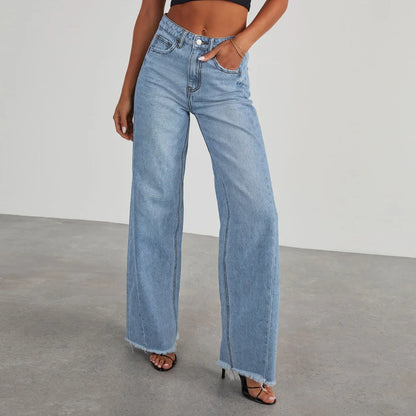 Calça Jeans Feminina Primavera Verão, Cor Sólida, Modelagem Larga, Costura Lateral e Barra Desfiada