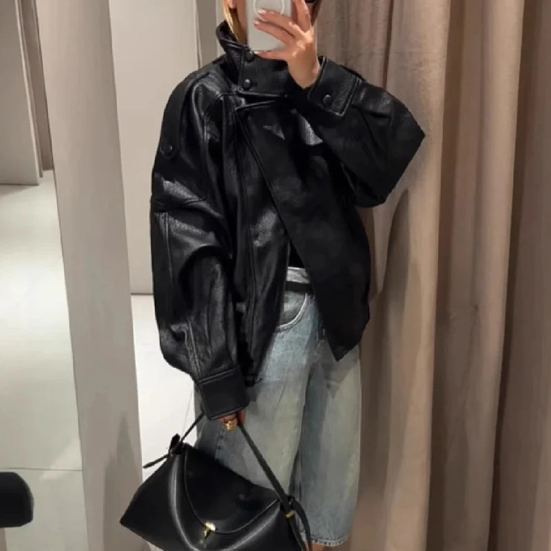 Spring Summer 2026 New Fashion Lapel Leather Jacket Women's Loose Outerwear Black Motorcycle Style Top