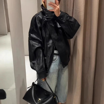 Spring Summer 2026 New Fashion Lapel Leather Jacket Women's Loose Outerwear Black Motorcycle Style Top