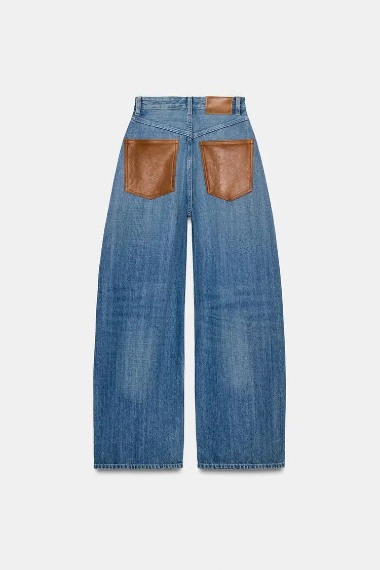 Deeptown Baggy Women Blue Jeans Vintage Casual PU Leather Brown Patchwork Straight Denim Trousers Classic Basic Chic Female Jean
