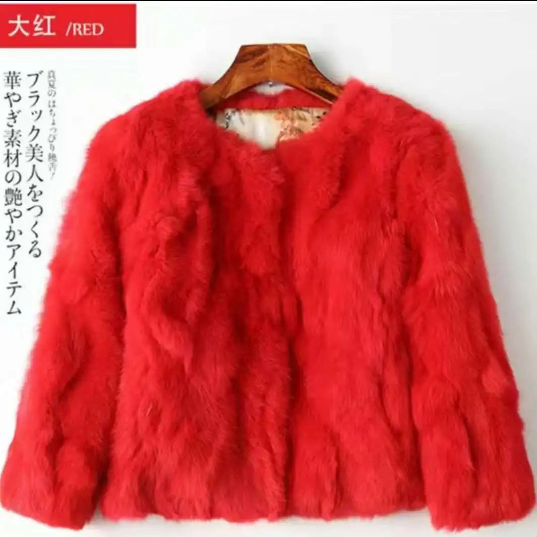 2024 New Women's Real Fur Coat High-waist Round Collar Cardigan Long-sleeved Slim Fit  Rabbit   Jacket Women T197