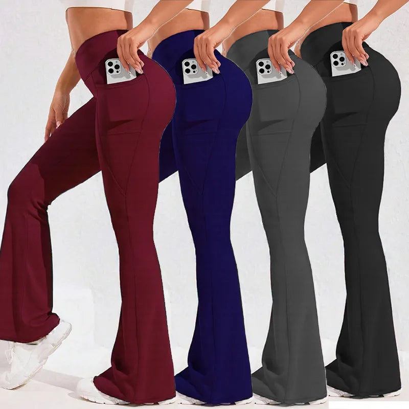 Calça Legging Yoga Feminina Cintura Alta Flare com Bolso Empina Bumbum Calça de Corrida Perna Larga Calça para Academia Esportes ao Ar Livre Ciclismo