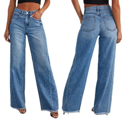Calça Jeans Feminina Primavera Verão, Cor Sólida, Modelagem Larga, Costura Lateral e Barra Desfiada