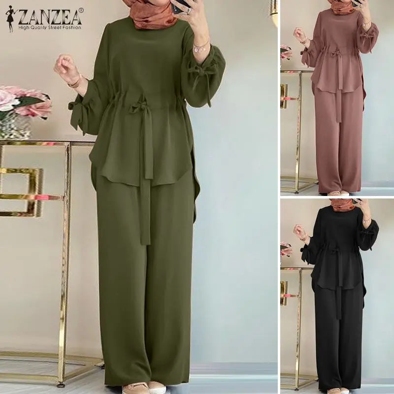 ZANZEA Muslim Women Matching Sets Long Sleeve Solid Color Tops And Loose Pant Suits Elegant Fashion Casual Tracksuit Kaftan 2025