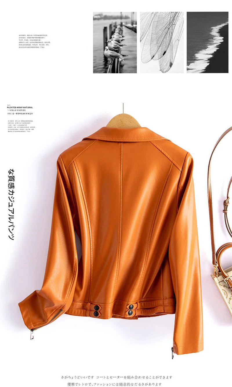 Jaqueta de couro legítimo feminina estilo streetwear, segunda camada em pele de carneiro, casaco curto, outono inverno, verde, motoqueira, agasalho casual