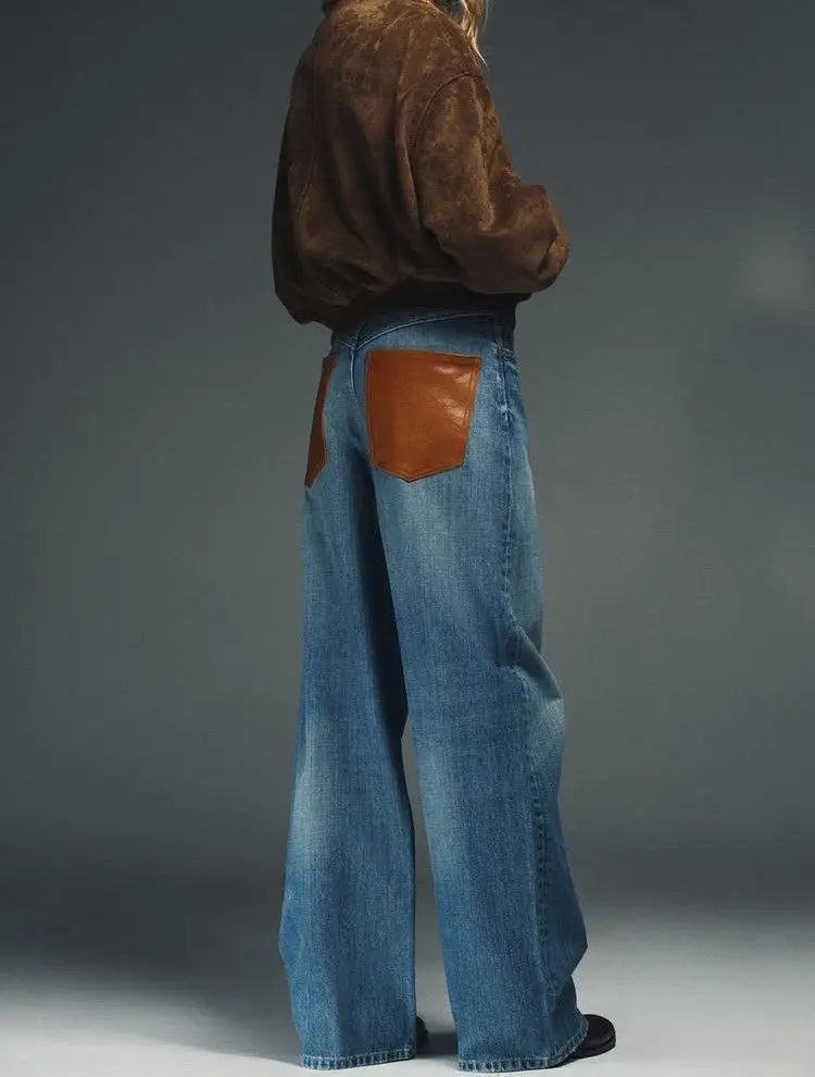 Deeptown Baggy Women Blue Jeans Vintage Casual PU Leather Brown Patchwork Straight Denim Trousers Classic Basic Chic Female Jean