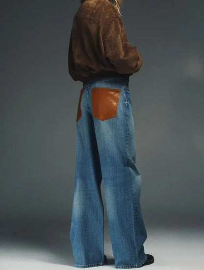 Deeptown Baggy Women Blue Jeans Vintage Casual PU Leather Brown Patchwork Straight Denim Trousers Classic Basic Chic Female Jean