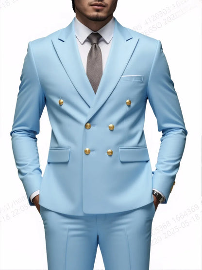 Moda Novos Homens Lazer Boutique Negócios Banquete Cor Sólida Casamento Terno Slim Fit Abotoamento Duplo Blazers Calças
