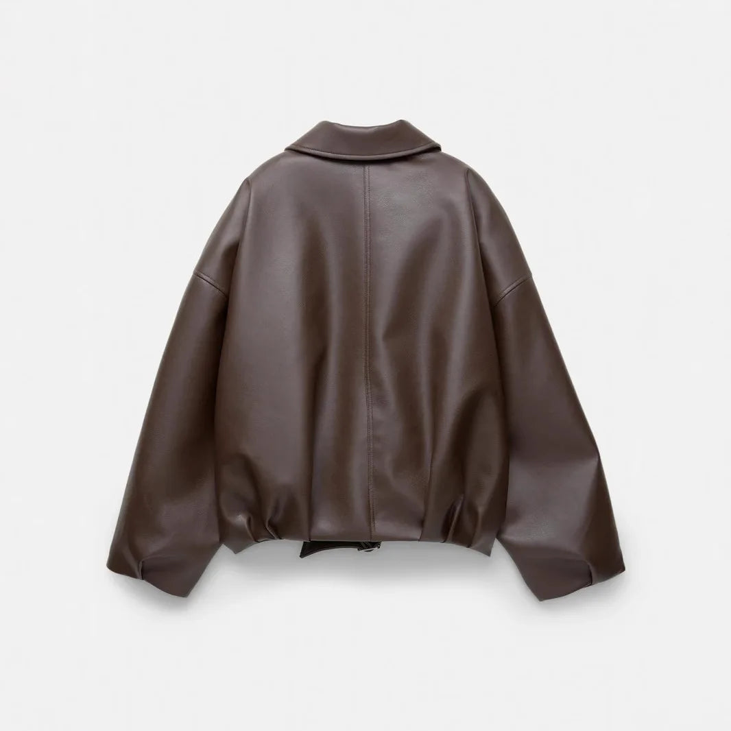 Jaqueta de Couro Feminina KIDCRKJ Moda Primavera com Gola Entalhada, Zíper, Manga Longa, Casaco Feminino de PU com Amarração, Sobretudo Solto