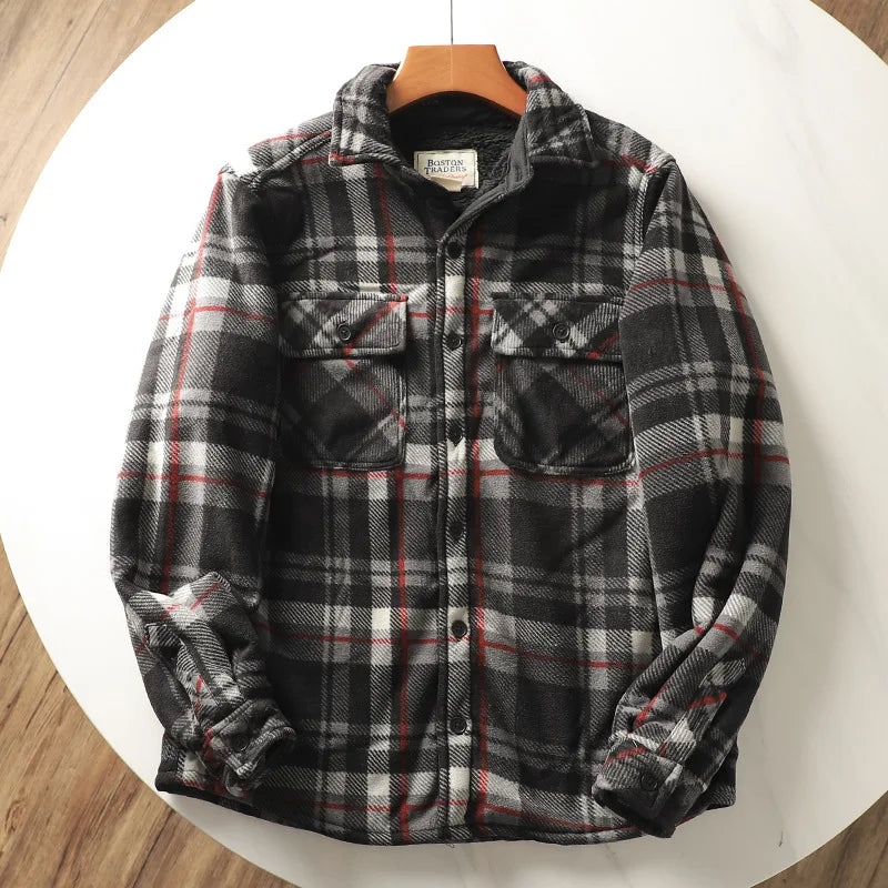 Autumn Winter Men's Fleece Linend Warm Shirt Jackets Thickened Long Sleeve Flannel Checked Shirts Vintage Casual Men Shirt Coats