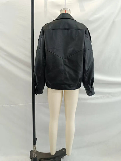 Spring Summer 2026 New Fashion Lapel Leather Jacket Women's Loose Outerwear Black Motorcycle Style Top