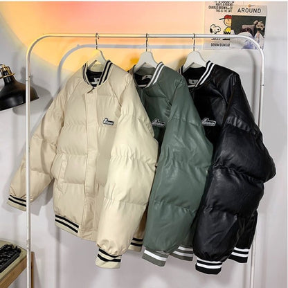 Gmiixder American Baseball Uniform PU Bomber Jacket Hip Hop Thickened Stand Collar Parkas Loose Versatile Couple Winter Coat