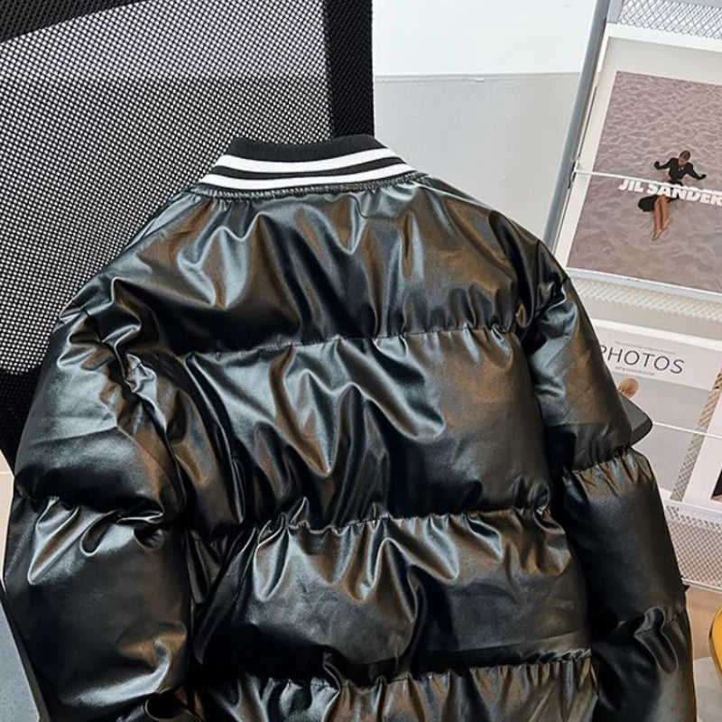 Gmiixder American Baseball Uniform PU Bomber Jacket Hip Hop Thickened Stand Collar Parkas Loose Versatile Couple Winter Coat